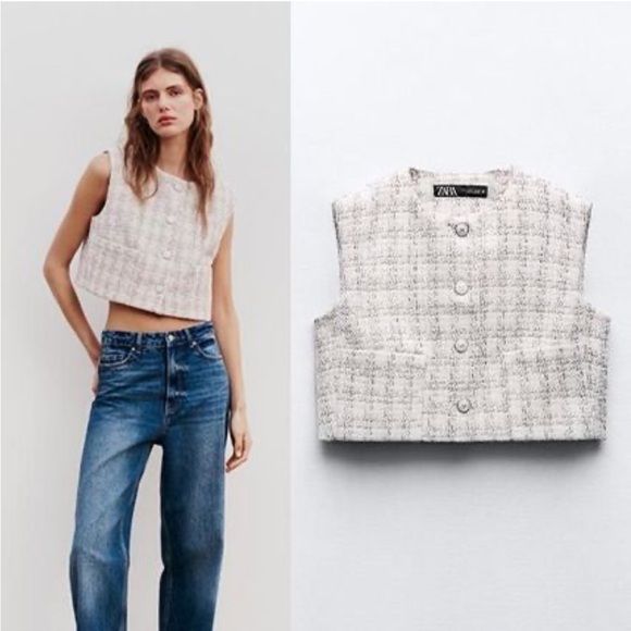 Zara Textured Cropped Vest Round neck Top Front pockets Ecru Beige size L NWT - Picture 2 of 16